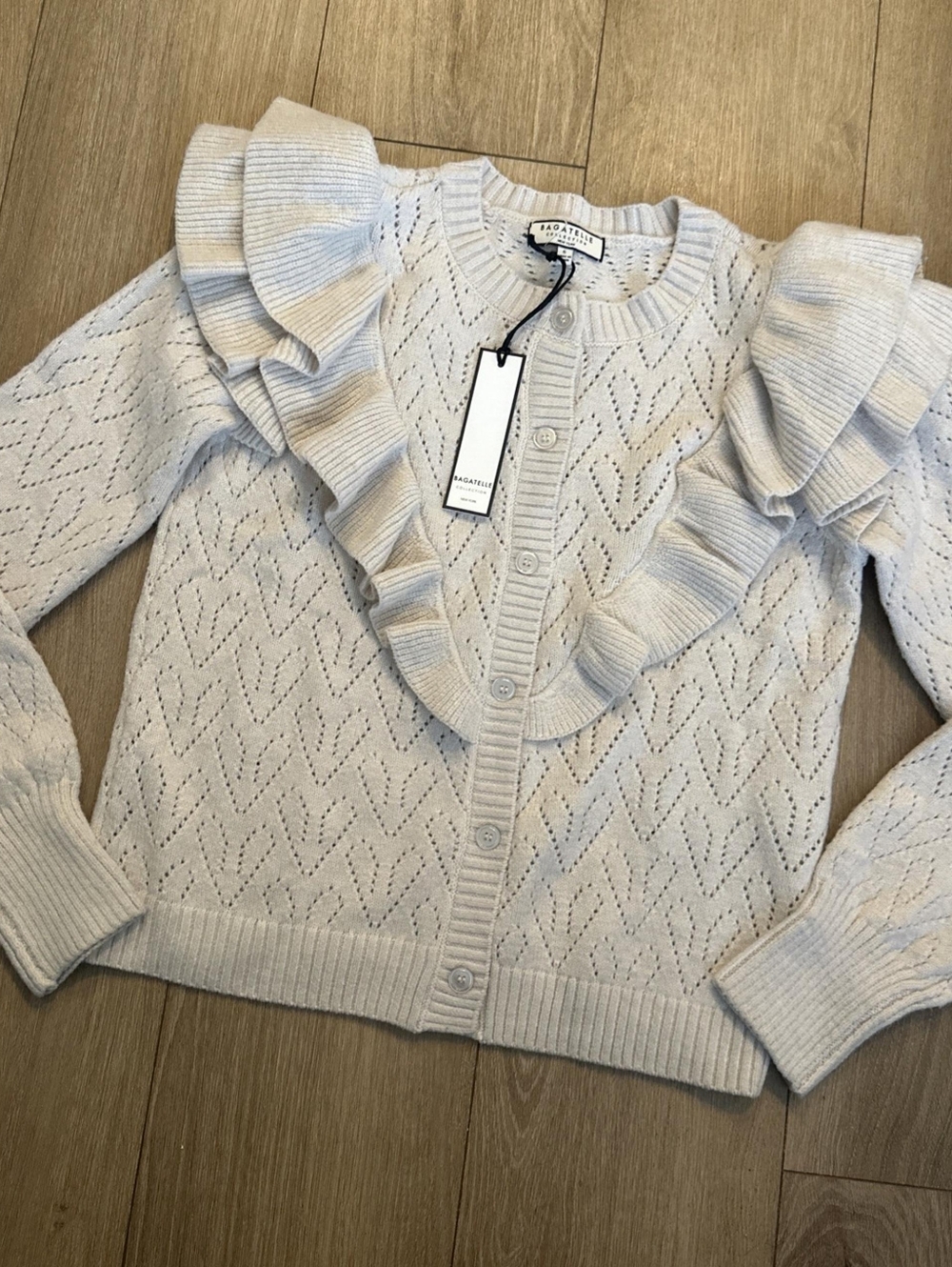 NWT Bagatelle Cream Ruffle Pointelle Knit Cardigan